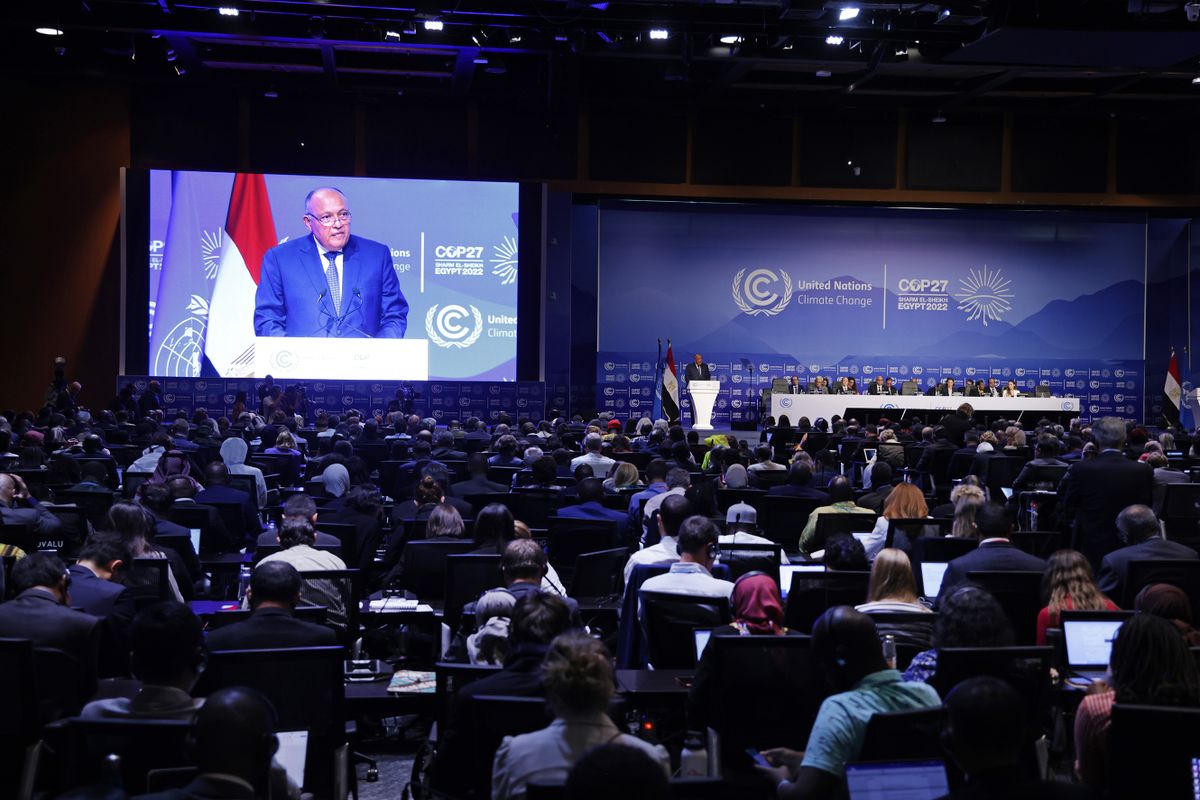 SHARM EL SHEIKH, EGYPT - NOVEMBER 06: Sameh Shoukry, President of the UNFCCC COP 27 climate conference, speaks on the conference's first day on November 06, 2022 in Sharm El Sheikh, Egypt. The conference is bringing together political leaders and representatives from 190 countries to discuss climate-related topics including climate change adaptation, climate finance, decarbonisation, agriculture and biodiversity. The conference is running from November 6-18. 