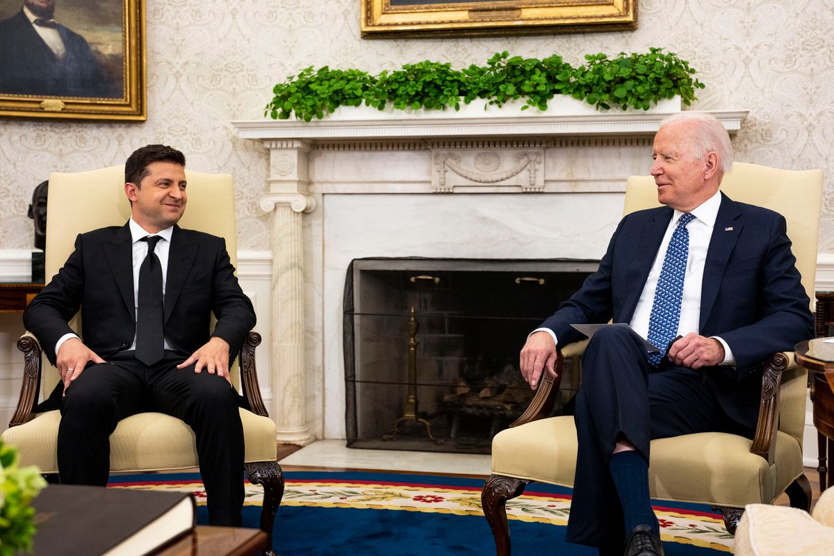 President Biden Welcomes Ukrainian President Zelensky To The White House, WASHINGTON, DC - SEPTEMBER 01: Ukrainian President Volodymyr Zelensky (L) meets with U.S. President Joe Biden in the Oval Office at the White House on September 01, 2021 in Washington, DC. This was the two leaders' first face-to-face meeting and the first by a Ukrainian leader in more than four years. (Photo by Doug Mills-Pool/Getty Images)