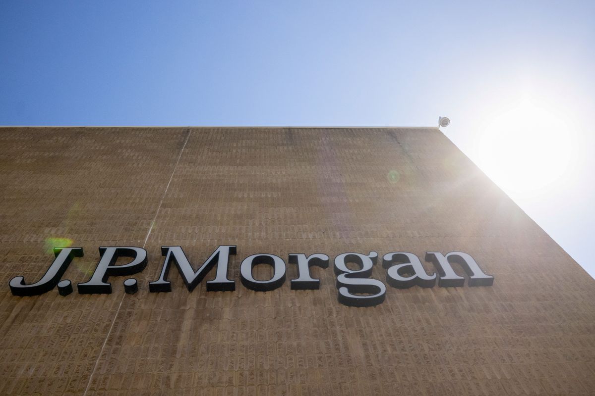 The JPMorgan Chase & Co. logo on the exterior of their offices in Bournemouth, UK, on Monday, Aug. 8, 2022. The British government's attempt to economically "level up" regions outside London is getting help from an unlikely quarter: Wall Street. 