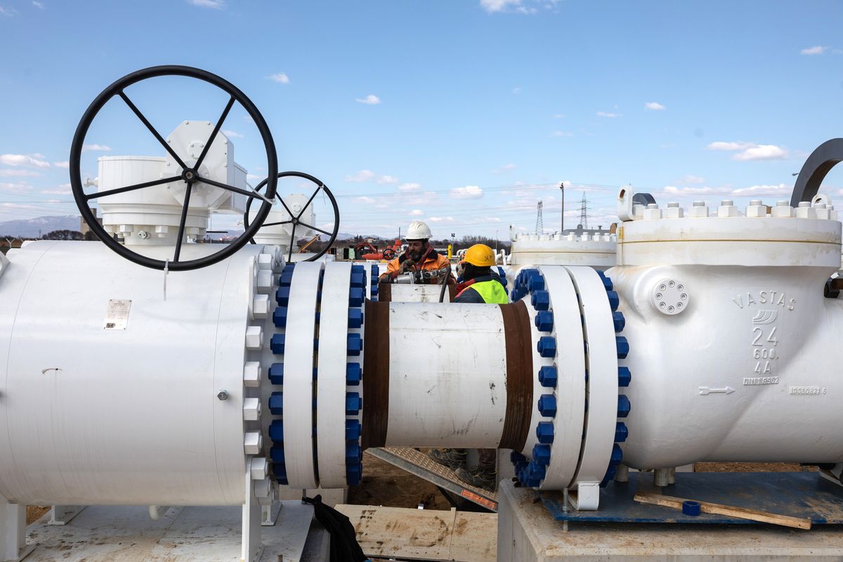 Bulgaria's Prime Minister Kiril Petkov at Gas Interconnector Greece - Bulgaria (IGB) Natural Gas Pipeline Employees work on pipework at the construction site of the Gas Interconnector Greece-Bulgaria (IGB) natural gas pipeline in Komotini, Greece, on Monday, March 21, 2022. Bulgaria will not renew a natural gas supply contract with Russias Gazprom PJSC, and will look at alternative supplies and a future joint European Union contract to avoid a shortfall, Deputy Prime Minister Assen Vassilev said Saturday. Photographer: Konstantinos Tsakalidis/Bloomberg via Getty Images, IGB