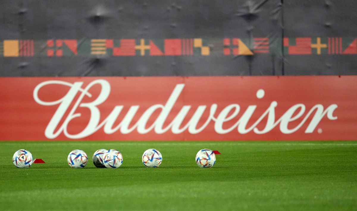 A general view of Budweiser branding during a training session at the Al Shahaniya Sports Club, Al Shahaniya, ahead of the FIFA World Cup 2022. Picture date: Saturday November 19, 2022. (Photo by )