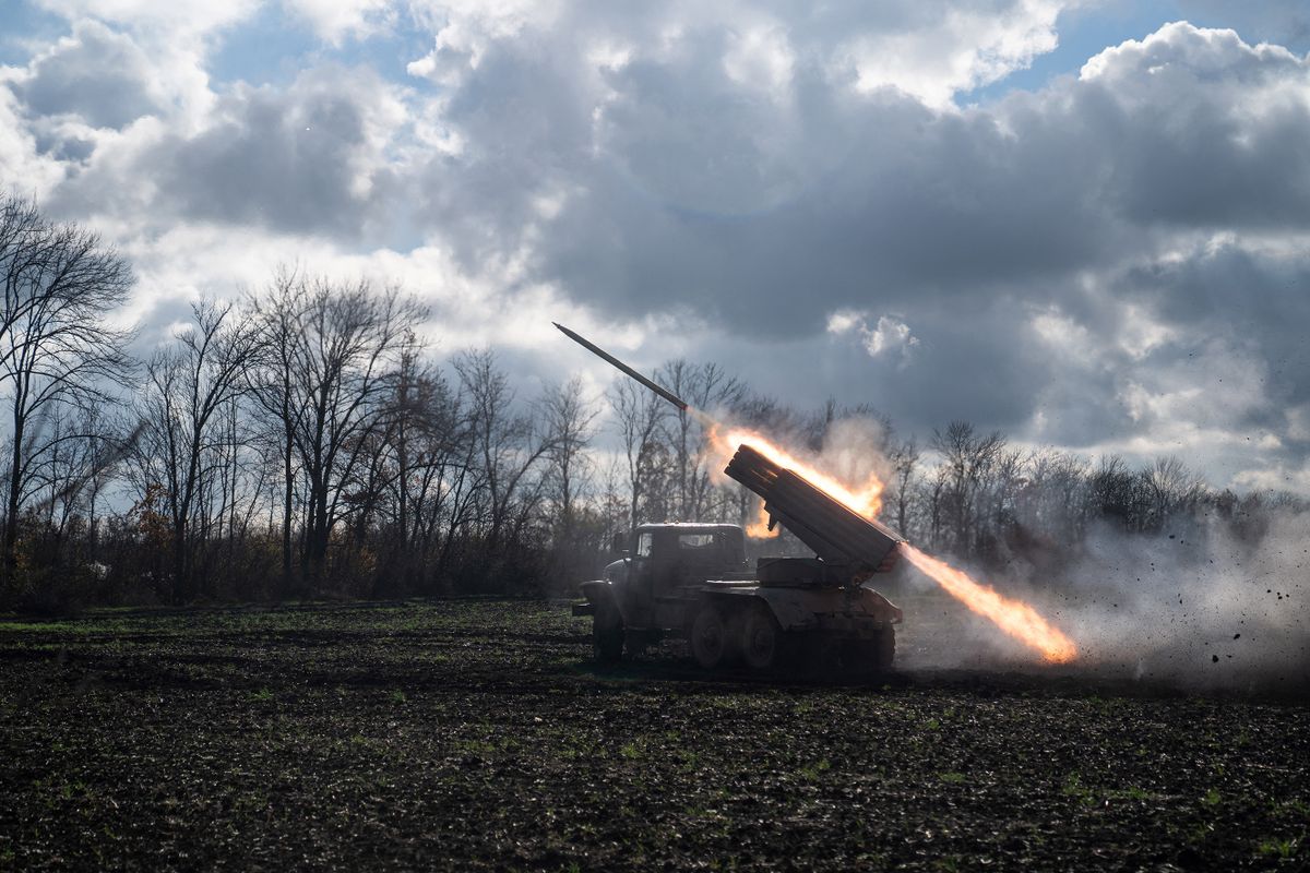 A Ukrainian BM-21 'Grad' multiple rocket launcher fires a rocket towards Russian positions on a front line in the Kharkiv region on November 3, 2022, amid the Russian invasion of Ukraine. 