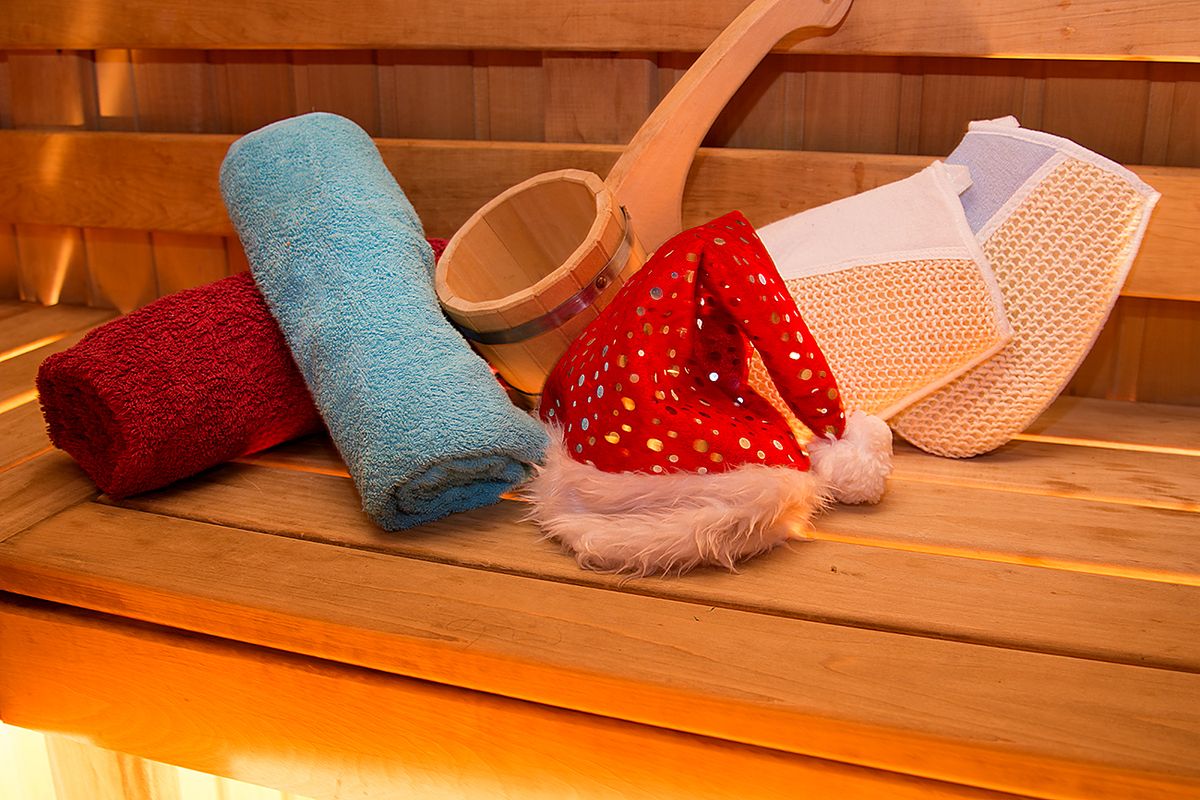 Christmas in the spa. Sauna. Recreation. Relaxation and vacations. Spa and healthy lifestyle. Finnish and Russian sauna.