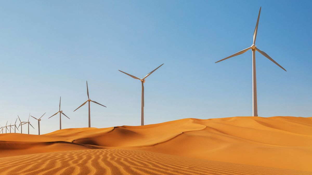 Wind turbines in desert at sunset. Green energy concept, Wind turbines in the Sinai Desert, Hurghada, Egypt