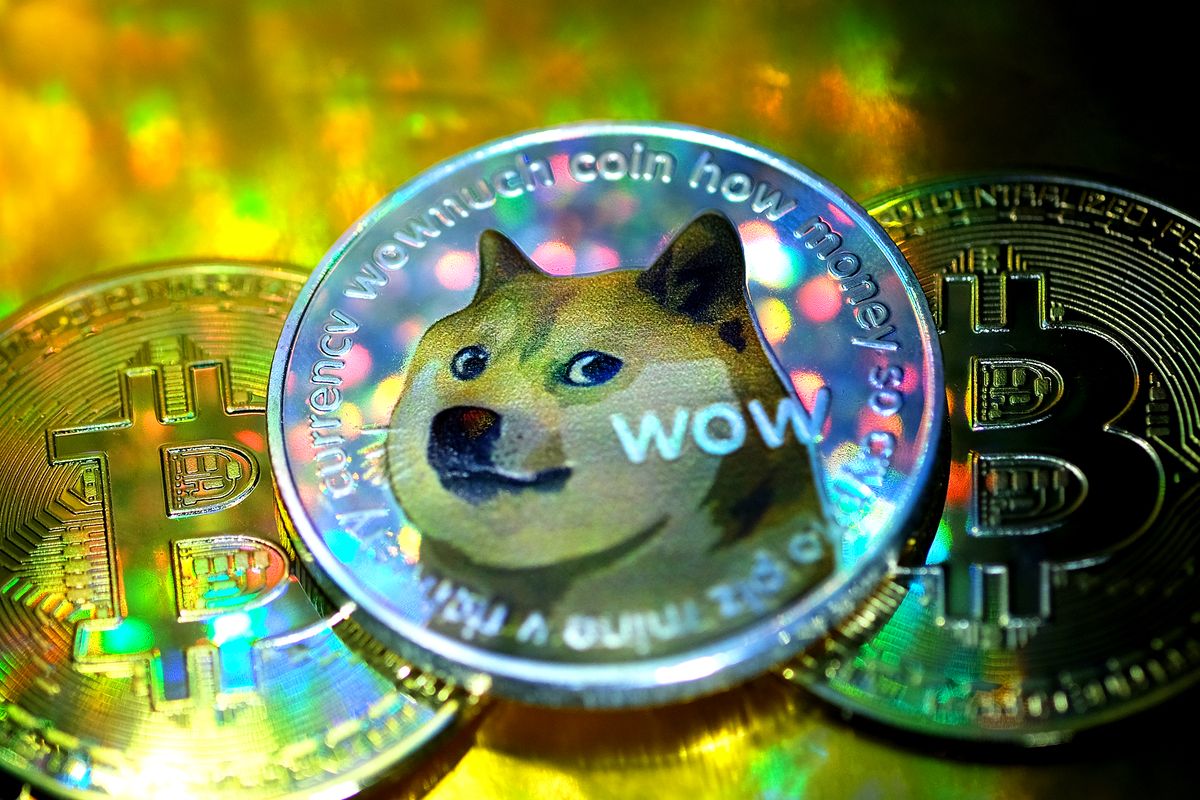Digital Cryptocurrencies, KATWIJK, NETHERLANDS - JANUARY 29: In this photo illustration visual representations of digital cryptocurrencies, Dogecoin and Bitcoin, are displayed on January 29, 2021 in Katwijk, Netherlands.  (Photo by Yuriko Nakao/Getty Images)