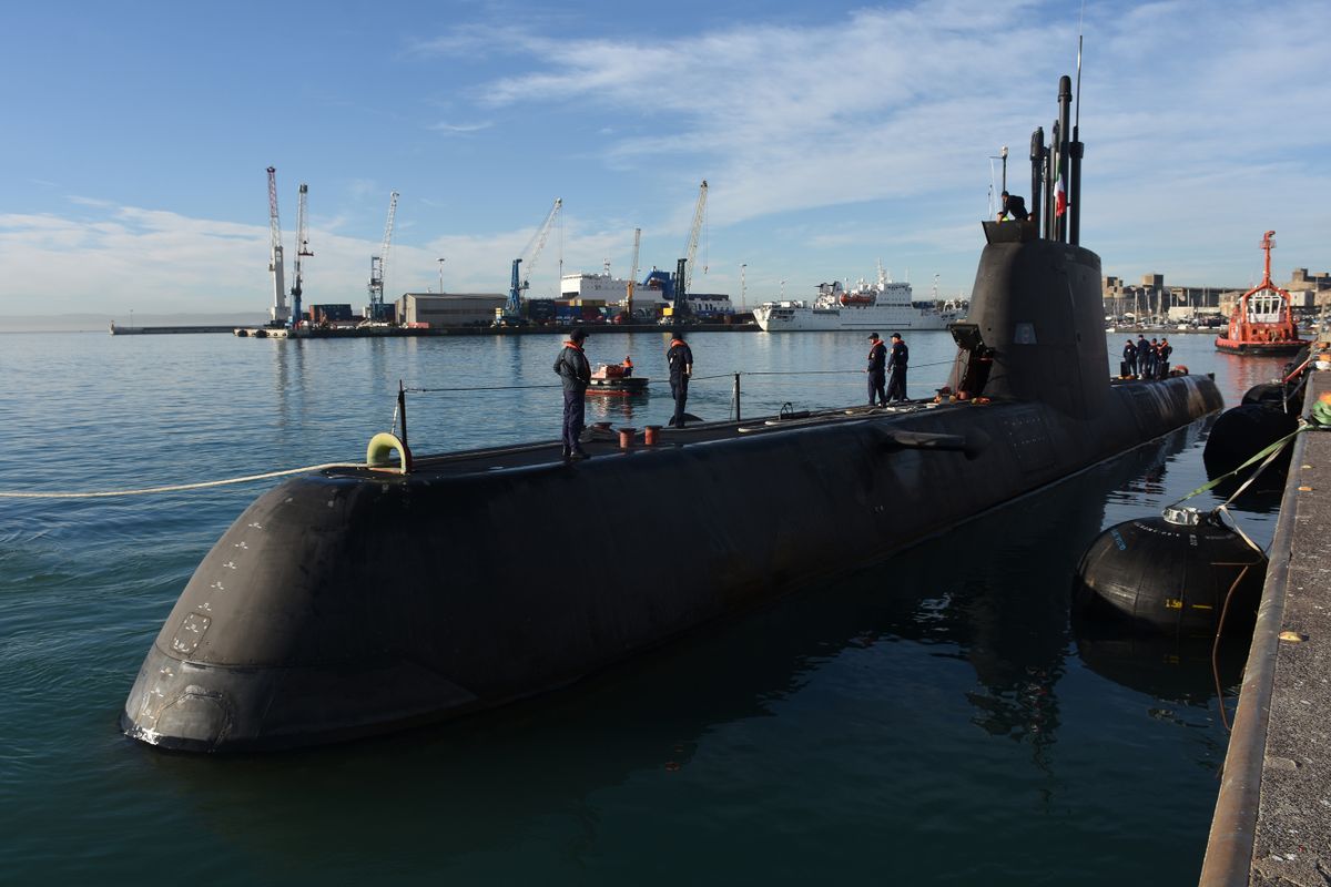 SICILY, ITALY - FEBRUARY 24: A submarine departs from Catania Harbor to attend NATO's joint "Dynamic Manta 2020" drill to increase the cooperation and level of preparedness of naval forces from nine member countries Turkey, Canada, France, Spain, US, Germany, Greece, Italy, Spain, and England on February 24, 2020 in Sicily, Italy. 