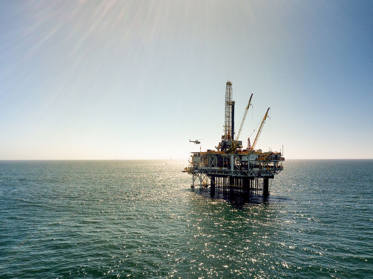 Offshore Fracking Drilling Stills Offshore drilling rig fracking operation near the coast or Southern California near Huntington Beach
