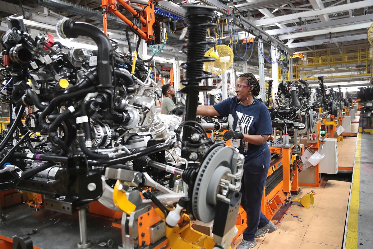 Ford's Chicago Assembly Plant Builds Explorers, Police Interceptors, And Lincoln Aviators CHICAGO, ILLINOIS - JUNE 24: Workers assemble Ford vehicles at the Chicago Assembly Plant on June 24, 2019 in Chicago, Illinois. Ford recently invested $1 billion to upgrade the facility where they build the Ford Explorer, Police Interceptor Utility and the Lincoln Aviator.  (Photo by Scott Olson/Getty Images)