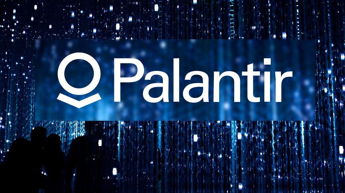 Palantir,Logo,On,Data,Network,Background,,Imaginary,Location,In,The Palantir logo on data network background, imaginary location in the future, CIA, 