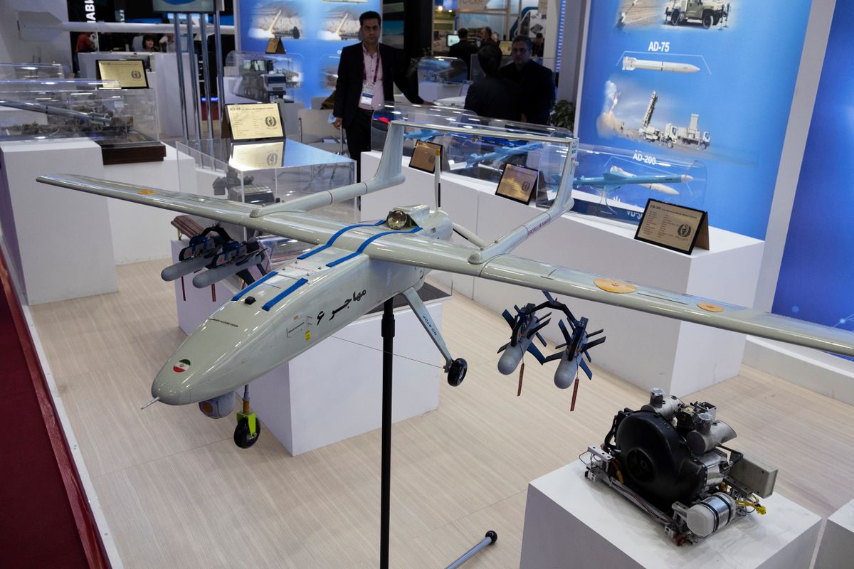 KUBINKA, RUSSIA - AUGUST 20: Military drone from the stand of Islamic Republic of Iran at Russian international military expo Army Expo 2022 at Patriot park in Kubinka, Moscow, Russia, on August 20, 2022. (Photo for The Washington Post via Getty Images)