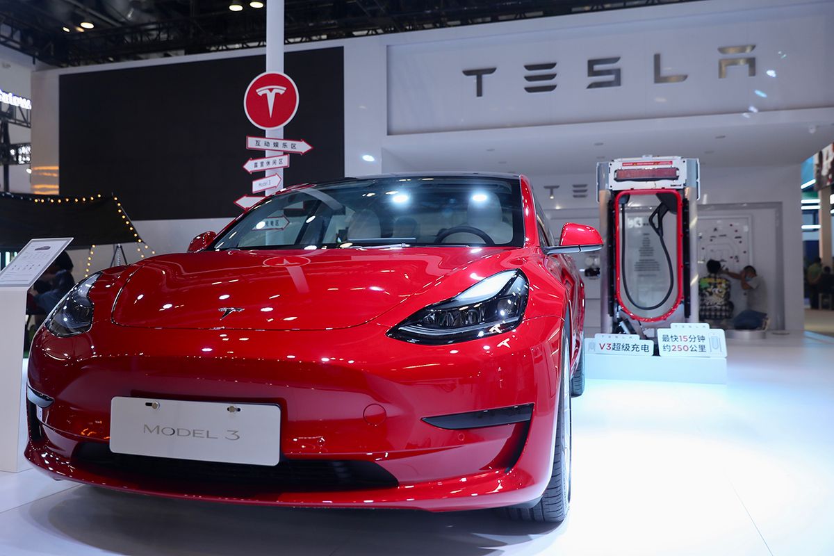 BEIJING, CHINA - AUGUST 28: A Tesla Model 3 is on display ahead of the 2022 China International Fair for Trade in Services (CIFTIS) at China National Convention Center on August 28, 2022 in Beijing, China. The 2022 CIFTIS is slated to be held in Beijing from August 31 to September 5 to provide platforms for exchanges in service trade. (Photo by Yi Haifei/China News Service via Getty Images)