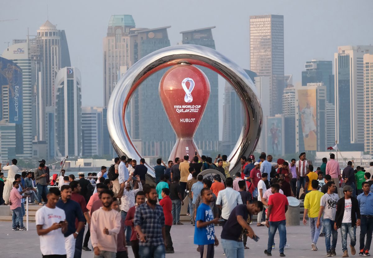 Many people visit to see a countdown clock in Corniche, Doha, Qatar on Nov. 4, 2022. Traffic restrictions around the area which is now fun zone began on the 1st.