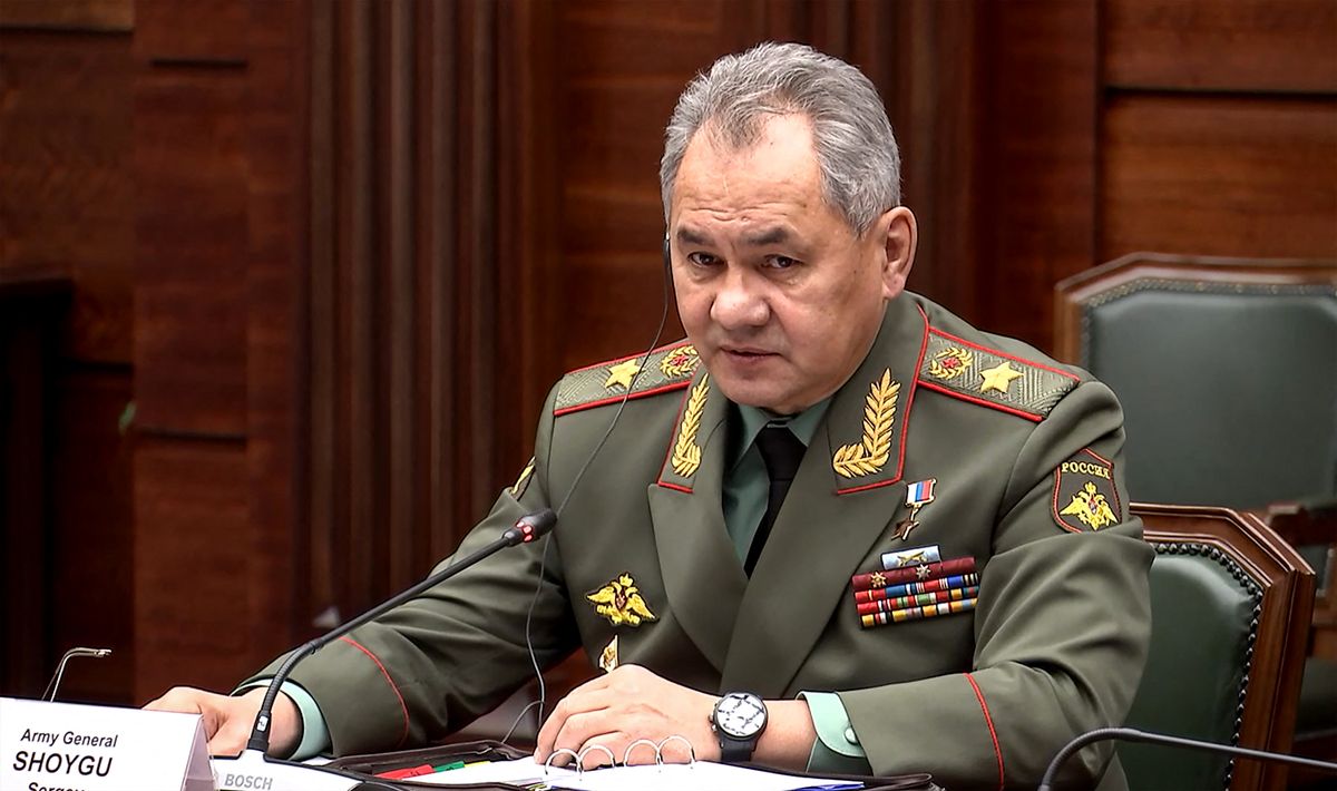 This handout video grab taken and released by the Russian Defence Ministry on February 11, 2022 shows Russian Defence Minister Sergei Shoigu attending a meeting with his British counterpart in Moscow. - Russia's Defence Minister Sergei Shoigu said on February 11 that Moscow's ties with London were at a low point as he met UK Defence Secretary Ben Wallace for rare talks amid soaring tensions over Ukraine. "Unfortunately, the level of our cooperation is close to zero and about to cross the zero meridian and go into negative, which is undesirable," Shoigu said in remarks carried by Russian news agencies. He said he hoped for talks "without any escalation and raising the temperature even higher" in relations between Russia and the NATO bloc. Shoigu also accused the West of "gorging" Ukraine with weapons. (Photo by Handout / Russian Defence Ministry / AFP) / RESTRICTED TO EDITORIAL USE - MANDATORY CREDIT "AFP PHOTO /  RUSSIAN DEFENCE MINISTRY - NO MARKETING NO ADVERTISING CAMPAIGNS - DISTRIBUTED AS A SERVICE TO CLIENTS RUSSIA-BRITAIN-UKRAINE-DIPLOMACY-CONFLICT-POLITICS