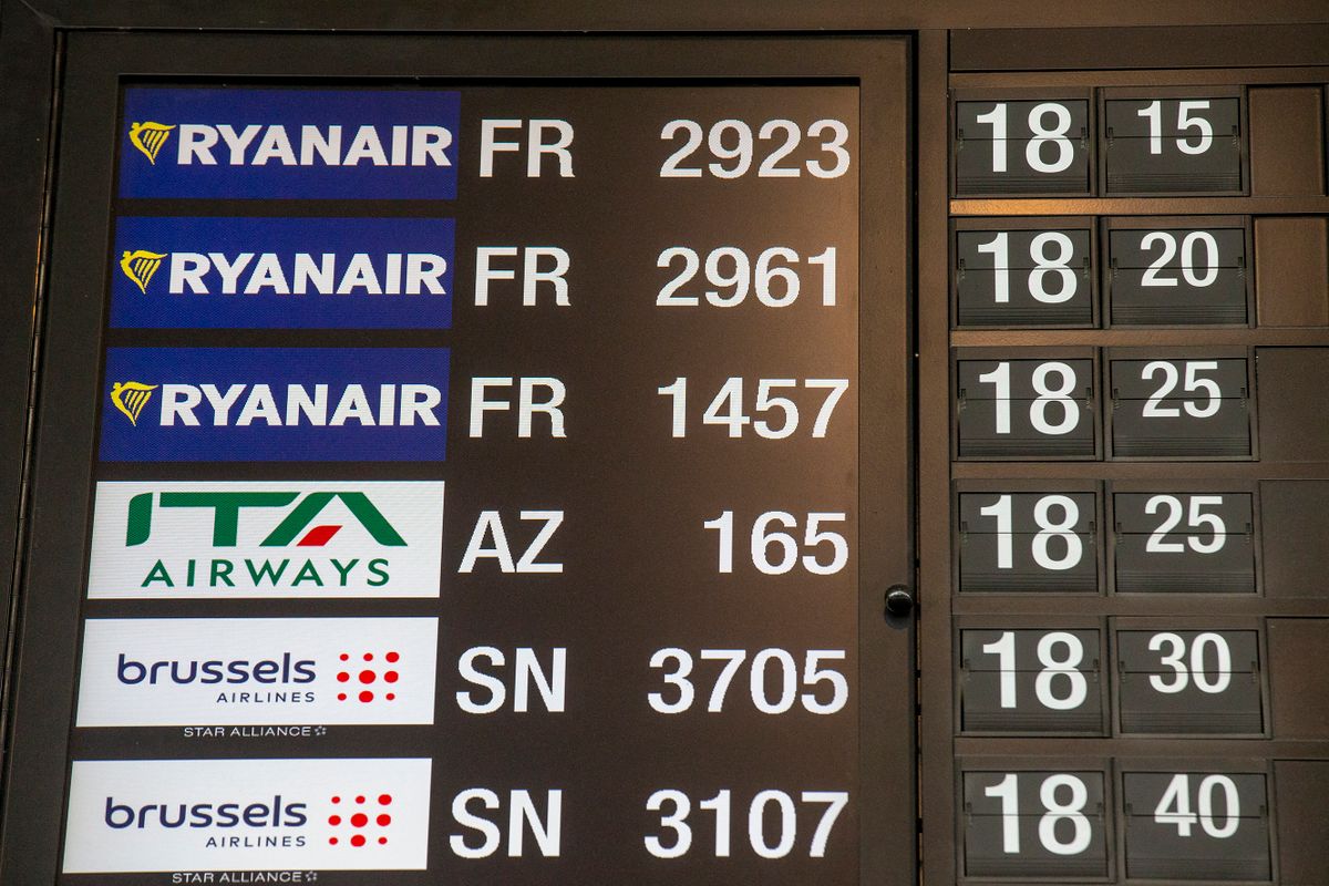 Illustration picture shows Ryanair flights shown on the flight departure information board in the departure hall of Brussels Airport, in Zaventem, Saturday 23 July 2022.  Some 80 flights have been cancelled in Belgium. It concerns flights with a Belgian crew. The other flights depart with a crew from countries where there is no strike. The reasons for this weekend's strike are the same as those for the action at the end of June. The pilots feel misunderstood and expect a pay increase after a 20 percent surrender during the corona crisis.