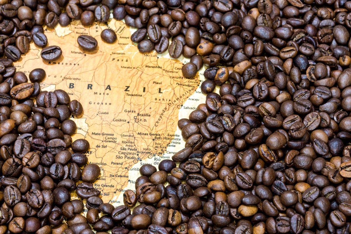 Map of Brazil under a background of coffee beans, Vintage map of Brazil covered by a background of roasted coffee beans. This nation is the first main producer and exporter of coffee. Horizontal image.