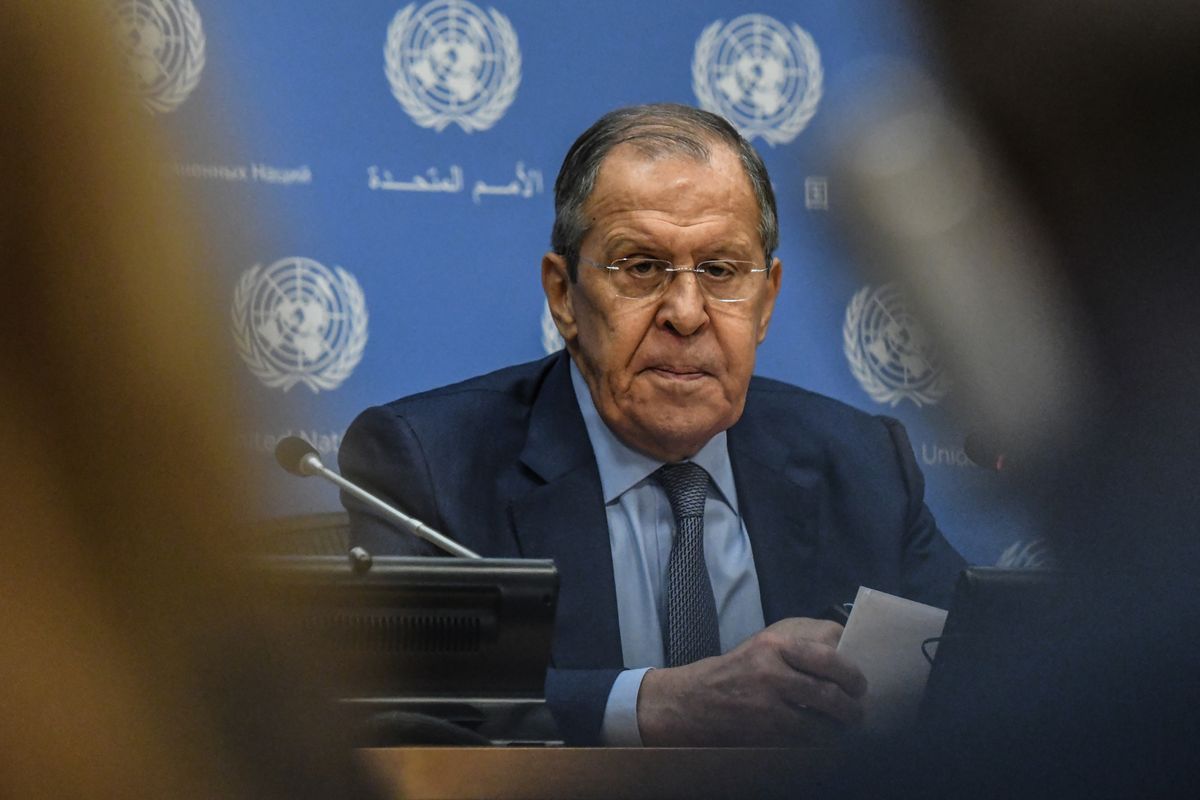 NEW YORK, NY - SEPTEMBER 24 : Russian Foreign Minister Sergey Lavrov holds a press conference during the 77th session of the United Nations General Assembly (UNGA) at U.N. headquarters on September 24, 2022 in New York City. After two years of holding the session virtually or in a hybrid format, 157 heads of state and representatives of government are expected to attend the General Assembly in person. 