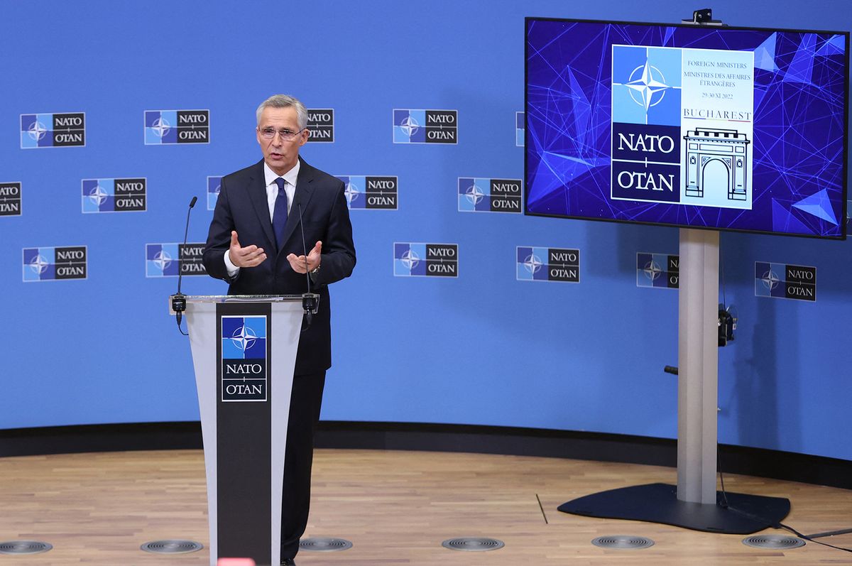 BRUSSELS, BELGUIM - NOVEMBER 25: NATO Secretary General Jens Stoltenberg makes a speech as he holds a press conference ahead of the NATO Foreign Ministers meeting to be held in Romania on 29 and 30 Nov. in Brussels, Belgium on November 25, 2022. Dursun Aydemir / Anadolu Agency (Photo by Dursun Aydemir / ANADOLU AGENCY / Anadolu Agency via AFP)