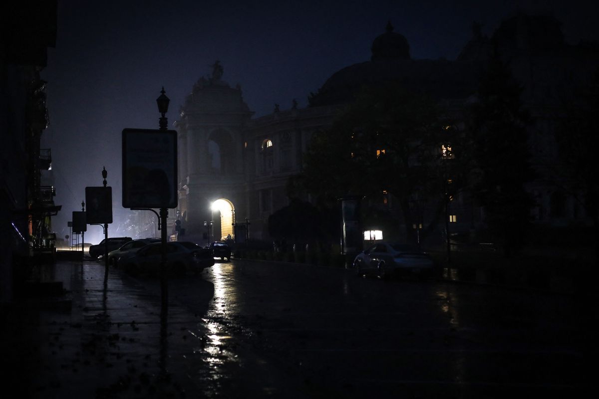 This photograph taken on November 17, 2022, shows a view of a street in the city of Odessa, southern Ukraine, during a blackout, amid the Russian invasion of Ukraine.
