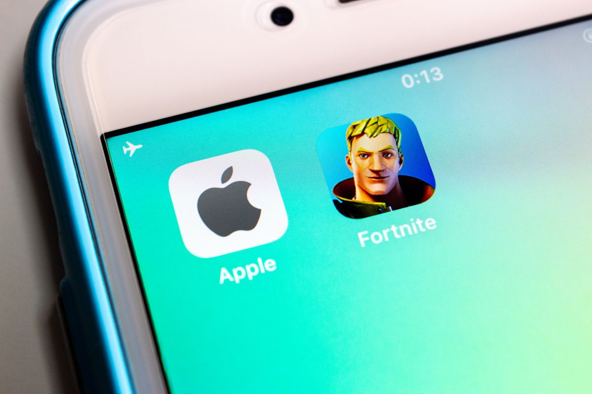 Kumamoto, Japan - Aug 25 2020 : Apple & Fortnite icons on iPhone screen. Apple Bans Fortnite from Its App Store in August 2020.