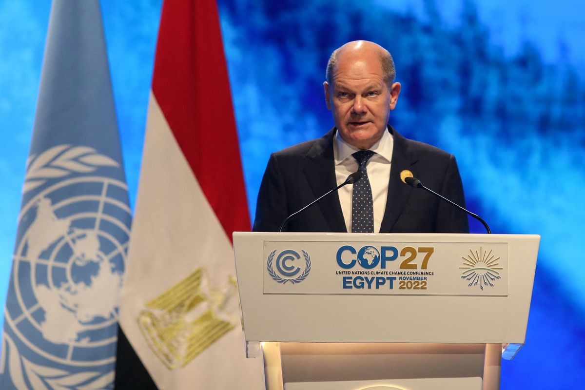 2022 United Nations Climate Change Conference in Egypt SHARM EL SHEIKH, EGYPT - NOVEMBER 07: German Chancellor Olaf Scholz speaks during the 2022 United Nations Climate Change Conference, more commonly known as COP27, at the Sharm El Sheikh International Convention Centre, in Egypt's Red Sea resort of Sharm El Sheikh, Egypt on November 07, 2022. The UN's COP27 climate summit kicked off in Egypt with warnings against backsliding on efforts to cut emissions and calls for rich nations to compensate poor countries after a year of extreme weather disasters. Mohamed Abdel Hamid / Anadolu Agency (Photo by Mohamed Abdel Hamid / ANADOLU AGENCY / Anadolu Agency via AFP) 2022 United Nations Climate Change Conference in Egypt