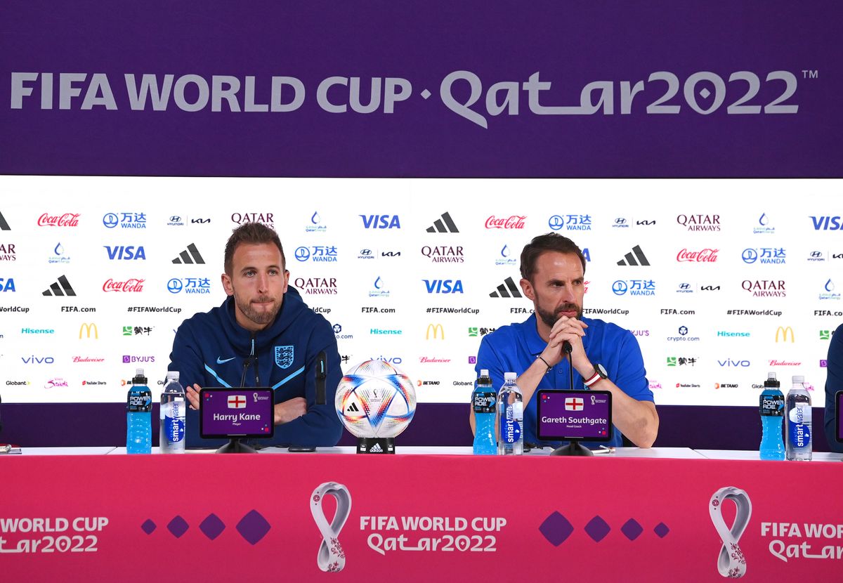 England Press Conference - FIFA World Cup Qatar 2022,
DOHA, QATAR - NOVEMBER 20: England captain Harry Kane and  Manager Gareth Southgate speak to the media during the England Press Conference ahead of the game against Iran at MPC on November 20, 2022 in Doha, Qatar. (Photo by Stu Forster/Getty Images)