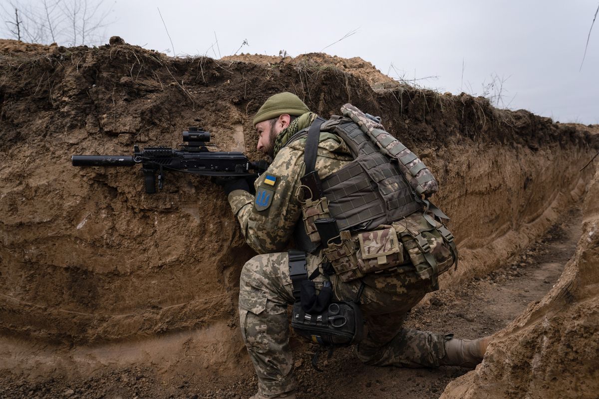 A Ukrainian soldier from the 63 brigades is seen having 