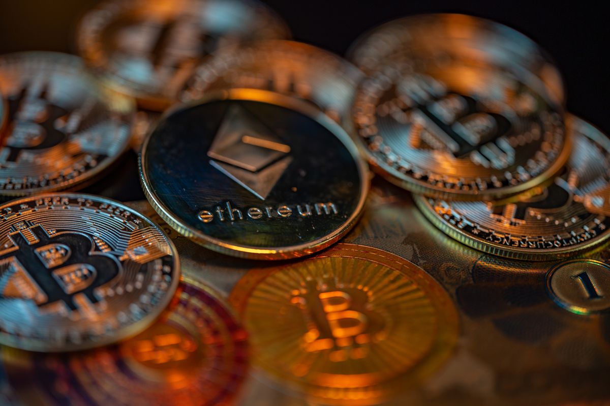 Ethereum Crypto Coin Illustrations, Visual representation of the digital Cryptocurrency Ethereum Crypto and Bitcoin, in Brussels, Belgium on 22 September 2022. (Photo illustration by Jonathan Raa/NurPhoto via Getty Images)