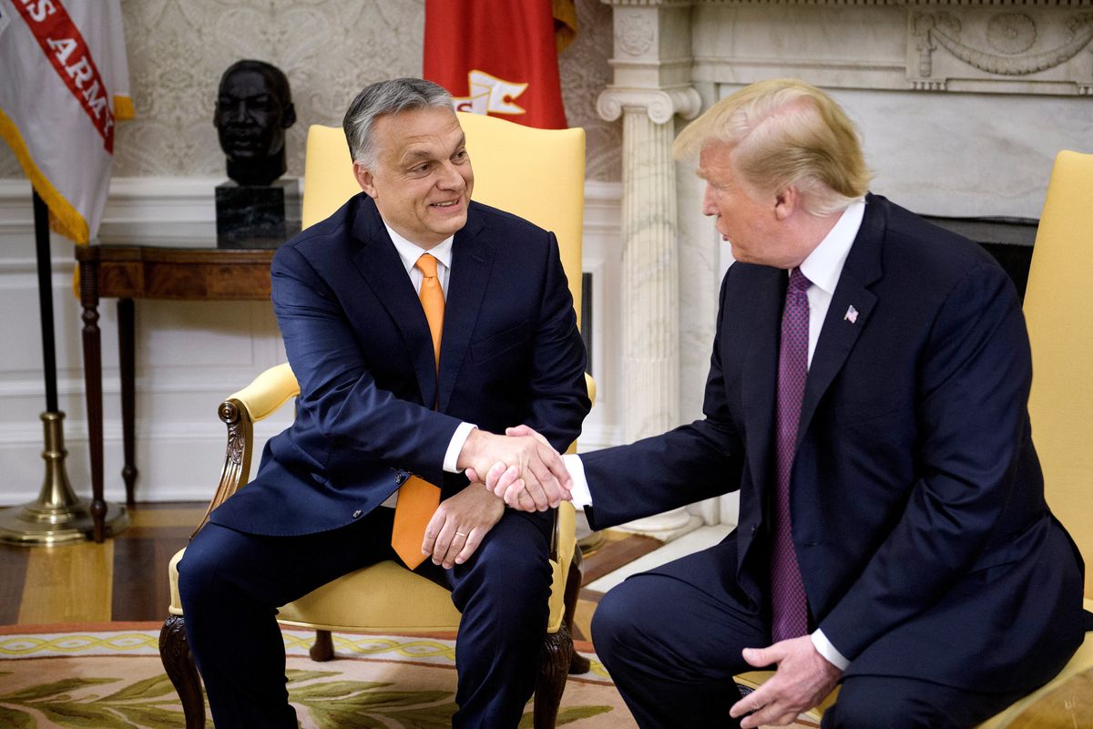Trump hosts Hungarian Prime Minister Viktor Orban, Hungary's Prime Minister Viktor Orban (L) and US President Donald Trump shake hands before a meeting in the Oval Office of the White House May 13, 2019, in Washington, DC. (Photo by Brendan Smialowski / AFP)