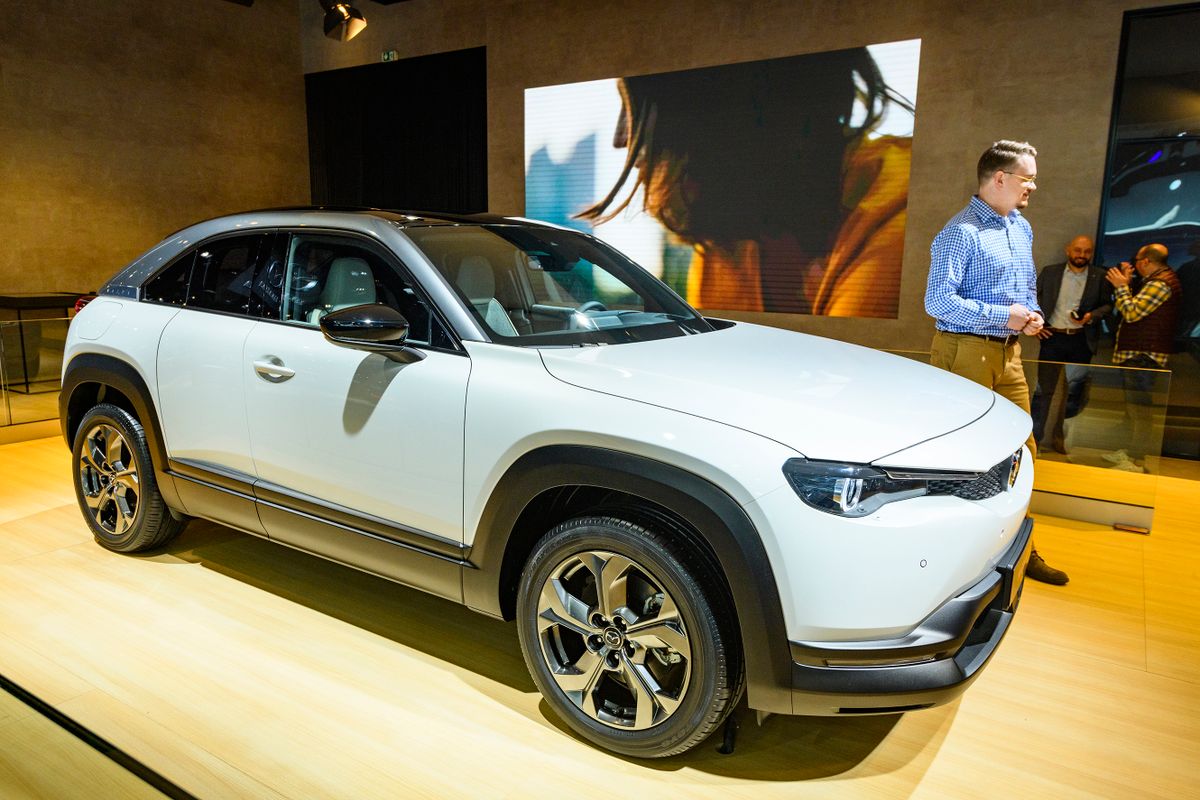 BRUSSELS, BELGIUM - JANUARY 9: Mazda MX-30 electric compact crossover SUV on display at Brussels Expo on January 9, 2020 in Brussels, Belgium. The MX-30 is Mazda's first mass-produced electric car.