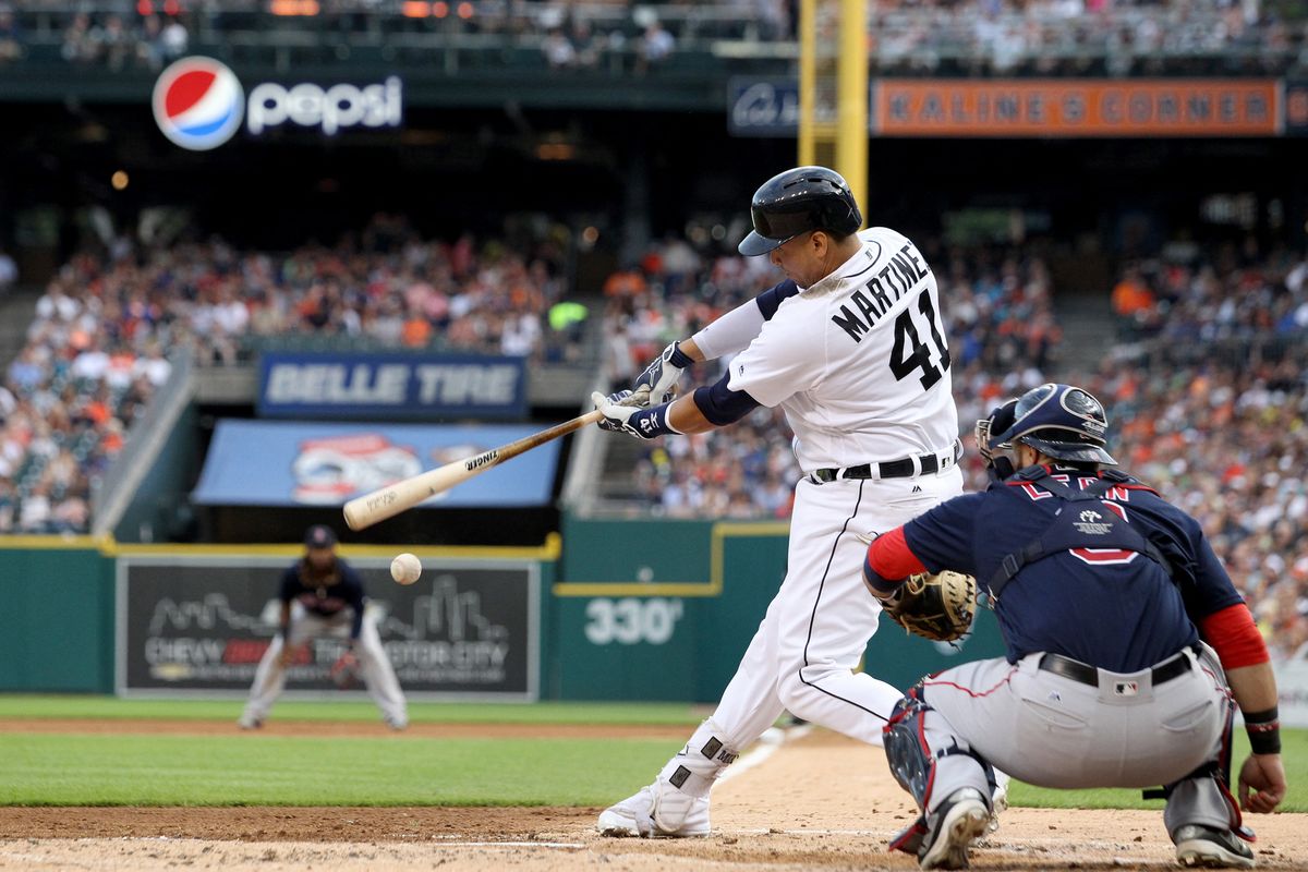 Boston Red Sox v Detroit Tigers, Detroit Tigers designated hitter Victor Martinez (41) at bat during the second inning of a baseball game against the Boston Red Sox in Detroit, Michigan USA, on Friday, August 19,  2016. (Photo by Jorge Lemus/NurPhoto) (Photo by Jorge Lemus / NurPhoto / NurPhoto via AFP)