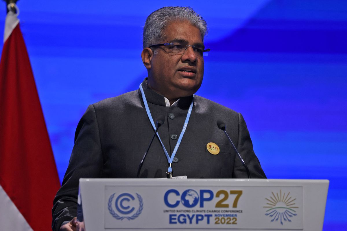 India's Minister of Environment Bhupender Yadav delivers a speech at the Sharm el-Sheikh International Convention Centre, in Egypt's Red Sea resort city of the same name, during the COP27 climate conference on November 15, 2022