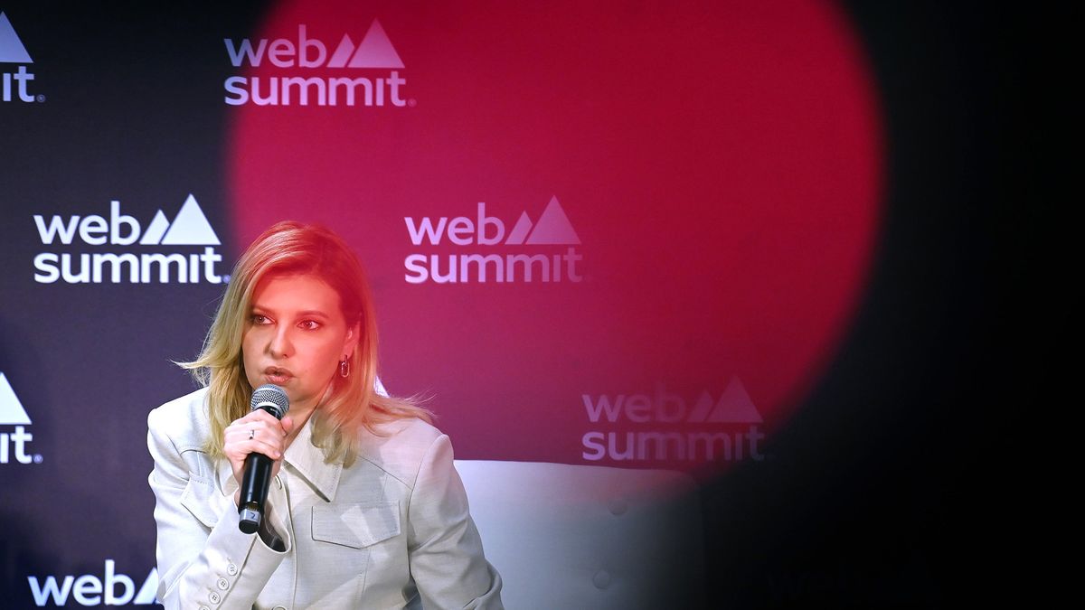 Lisbon , Portugal - 3 November 2022; Olena Zelenska, First Lady of Ukraine, speaks to the press during day two of Web Summit 2022 at the Altice Arena in Lisbon, Portugal. (Photo By Stephen McCarthy/Sportsfile for Web Summit via Getty Images)