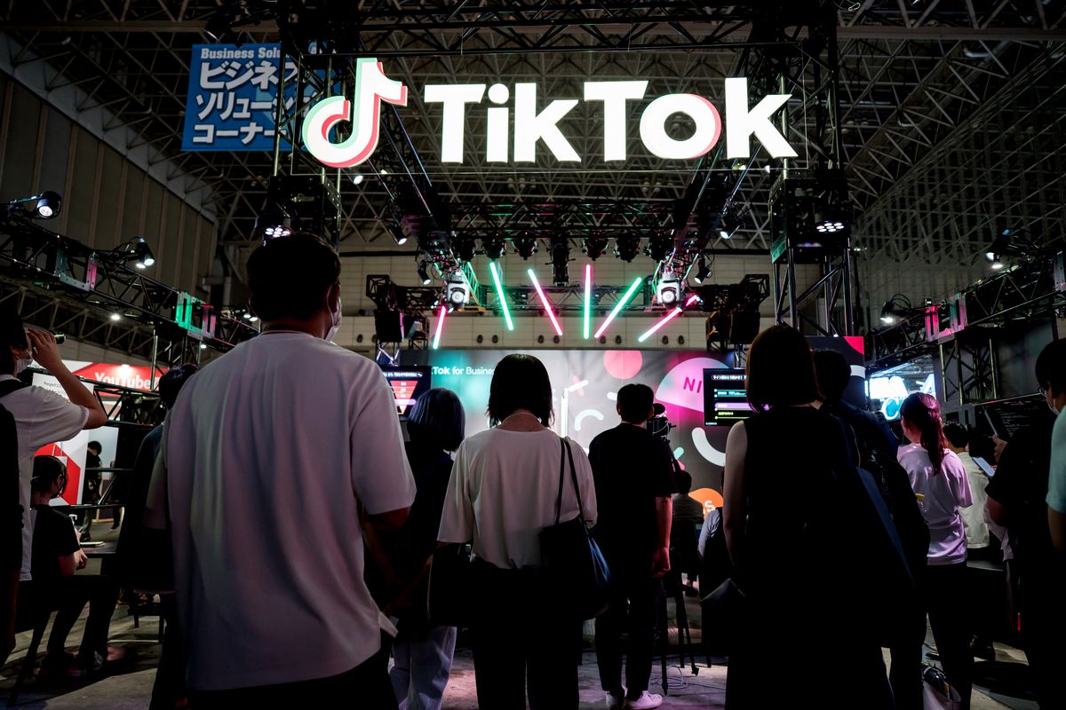 Tokyo Game Show 2022, CHIBA, JAPAN - SEPTEMBER 15: Attendees stand outside the TikTok booth at the Tokyo Game Show 2022 on September 15, 2022 in Chiba, Japan. The event runs for four days from September 15-18 and takes place for first time in three years, following a hiatus due to the coronavirus pandemic. (Photo by Tomohiro Ohsumi/Getty Images)