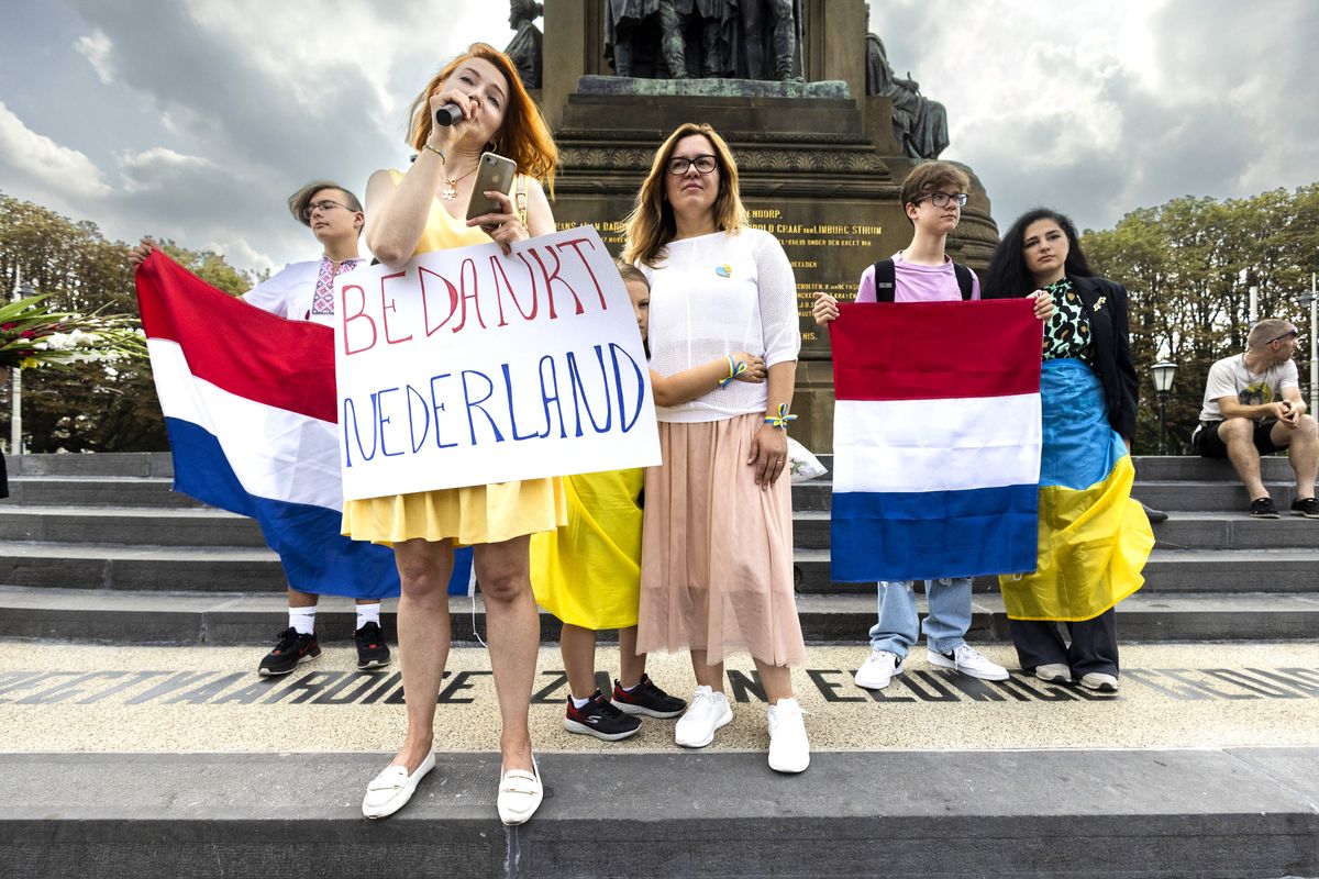 2022-09-04 12:33:18 THE HAGUE - Ukrainians hold a March of Gratitude. They want to show their gratitude to the Dutch people.ANP/ Hollandse Hoogte / Laurens van Putten netherlands out - belgium out (Photo by ANP MAG / ANP via AFP) March of Gratitude from Ukrainians in `The Hague