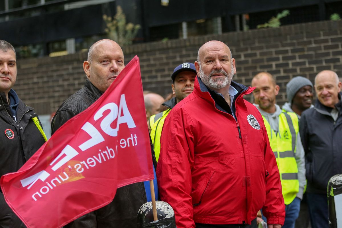 LONDON, UNITED KINGDOM - OCTOBER 05:  John Michael Whelan, General Secretary of the British trade union ASLEF joins picket line outside Euston railway station on the second of the three days rail strike action in October by industrial action by Associated Society of Locomotive Engineers and Firemen (ASLEF) and National Union of Rail, Maritime and Transport Workers (RMT) union rail workers, rail workers over pay and work conditions, affecting the national rail network in London, United Kingdom on October 05, 2022. The widespread action had been planned earlier in September but was called off after the death of the Queen. Dinendra Haria / Anadolu Agency 