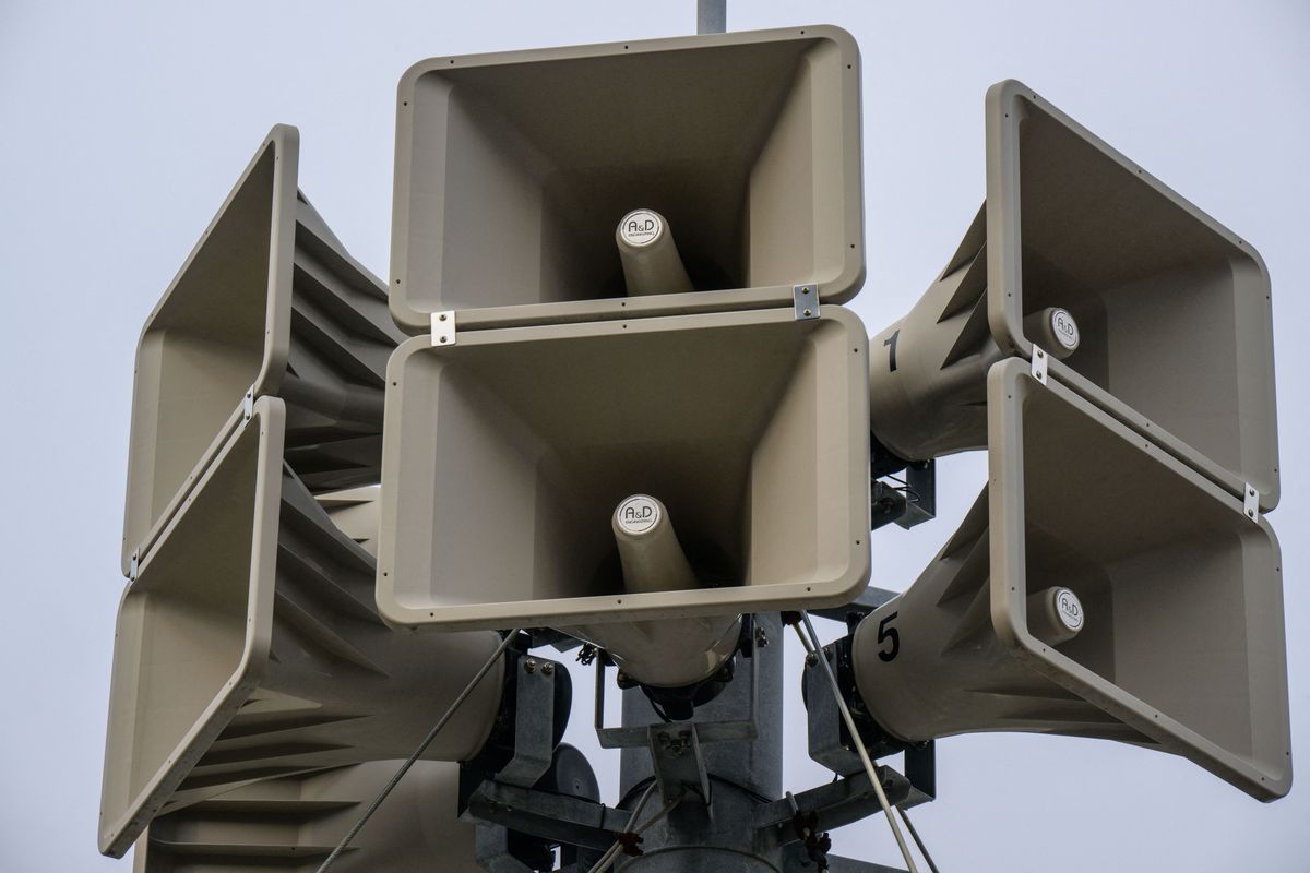 Air raid siren loudspeakers are seen on a rooftop at South Korea's eastern island of Ulleungdo.