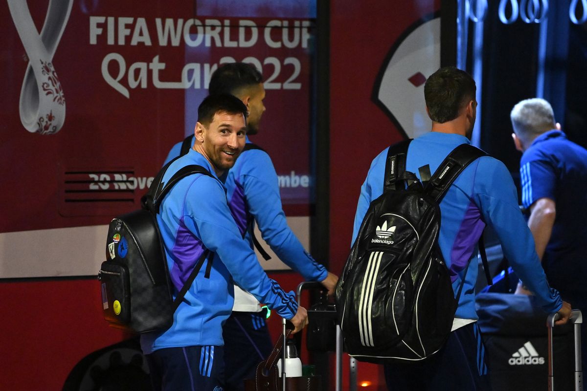 DOHA, QATAR - NOVEMBER 17: Lionel Messi of Argentina disembarks the airplane at Hamad International Airport ahead of FIFA World Cup Qatar 2022 at  on November 17, 2022 in Doha, Qatar. (Photo by )