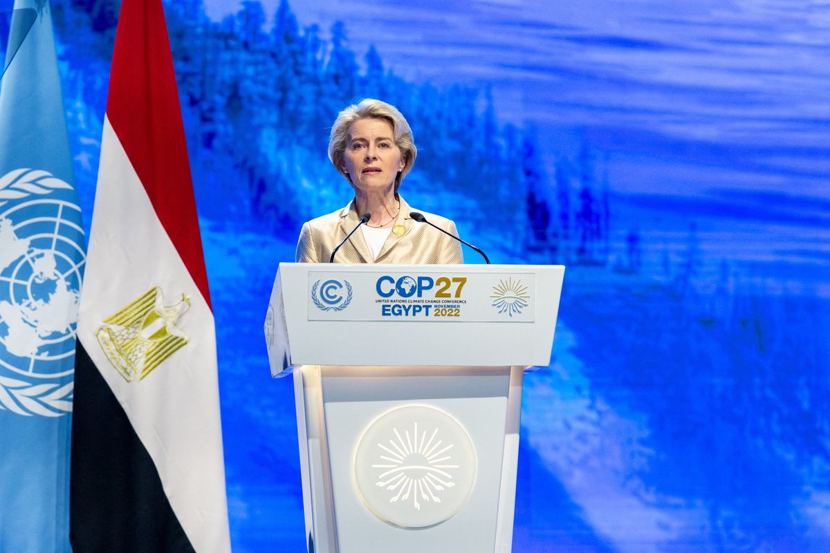 COP27 In Sharm El Sheikh - Day 3, Ursula von der Leyen, President of the European Commission delivers the statement during the High-Level Segment for Heads of State and Government summit on the third day of the COP27 UN Climate Change Conference, held by UNFCCC in Sharm El-Sheikh International Convention Center, Egypt on November 8, 2022. COP27, running from November 6 to November 18 in Sharm El Sheikh focuses on implementation of measures already agreed during previous COPs. The Conference in Sharm El Sheikh focuses also on the most vulnerable communities as the climate crisis hardens life conditions of those already most disadvantaged. (Photo by Dominika Zarzycka/NurPhoto) (Photo by Dominika Zarzycka / NurPhoto / NurPhoto via AFP)