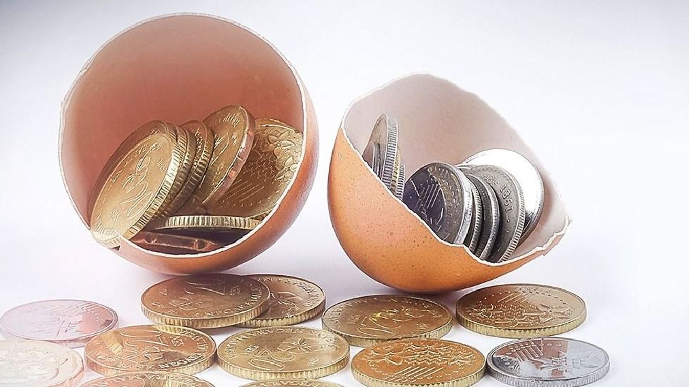 Close-Up Of Coins In Broken Eggshell Against White Background Egg shell and coins with investment and business text conceptual. befektetés, kamat, kincstárjegy, MNB,mnb,