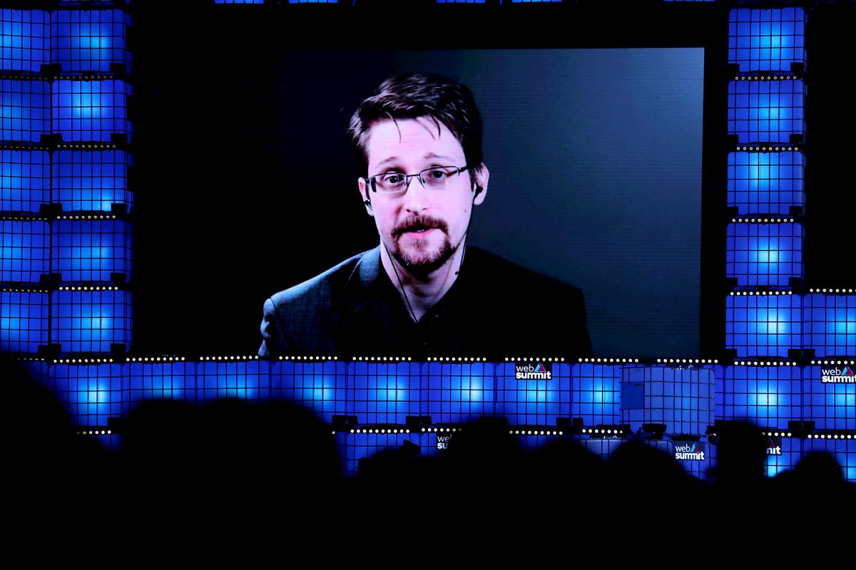 Freedom of the Press Foundation President Edward Snowden speaks live from Russia during the annual Web Summit technology conference in Lisbon, Portugal on November 4, 2019. Some 70,000 people are expected to take part in the four-day Web Summit, including speakers from leading global tech companies, politicians and start-ups hoping to attract attention from the over 1,500 investors who are scheduled to attend.
