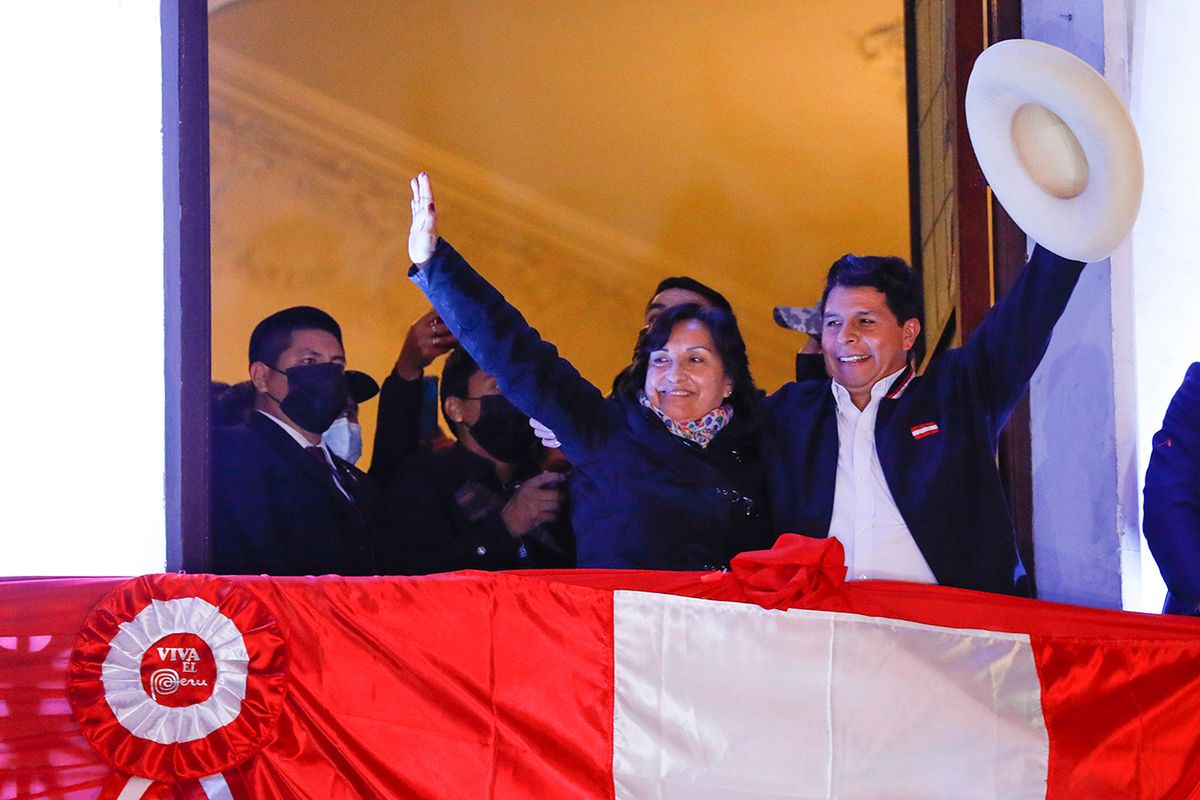 Newly Elected President Pedro Castillo Celebrates Victory After Runoff LIMA, PERU - JULY 19: Newly Elected President of Peru Pedro Castillo waves supporters with his running mate Dina Boluarte during a celebration after being confirmed as new president of Peru at the campaign headquarters on July 19, 2021 in Lima, Peru. 43 days after the presidential runoff, officials announced Castillo as Peru's new president with 50,12% of the votes against Keiko Fujimori with 49,87%. (Photo by Ricardo Moreira/Getty Images)