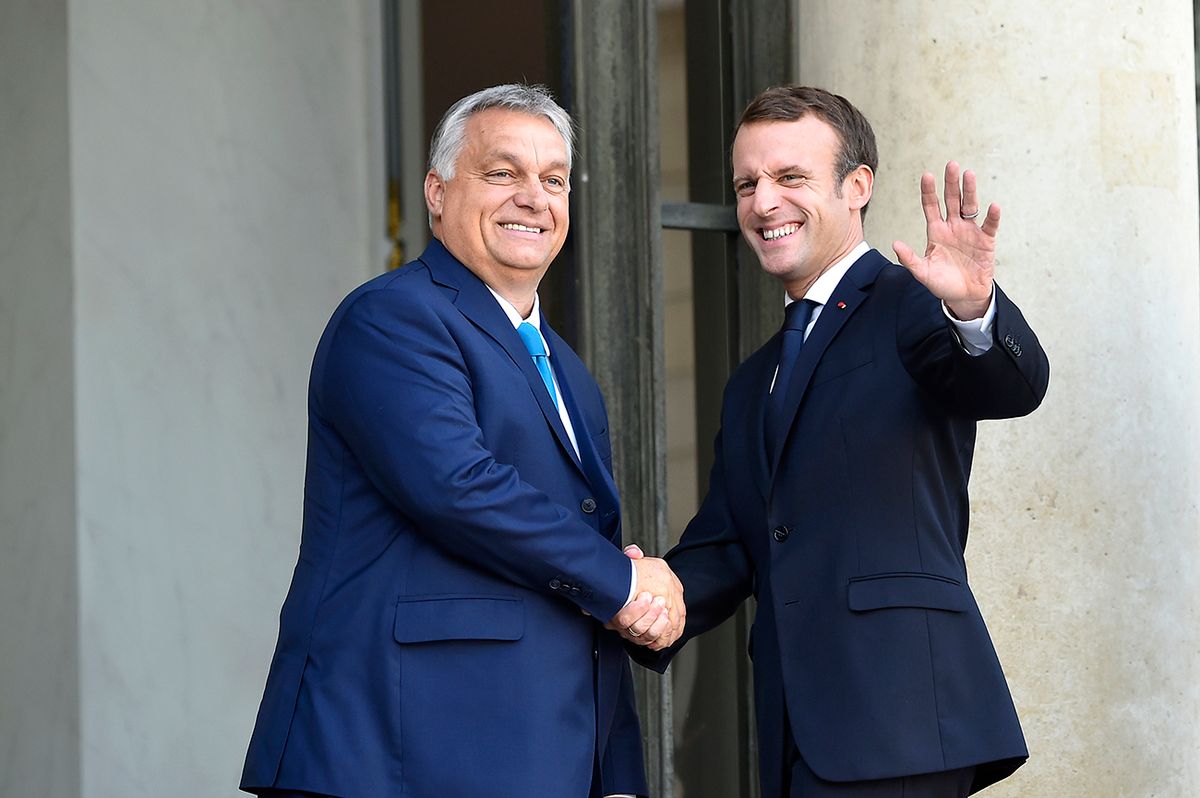 French President Emmanuel Macron and Receives Prime Minister of Hungary Viktor Orban At Elysee Palace In Paris PARIS, FRANCE - OCTOBER 11: French President Emmanuel Macron welcomes Prime Minister of Hungary Viktor Orban for meeting at Elysee Palace on October 11, 2019 in Paris, France. President Macron and Prime Minister Orban will discuss about the European Politics. (Photo by Aurelien Meunier/Getty Images)