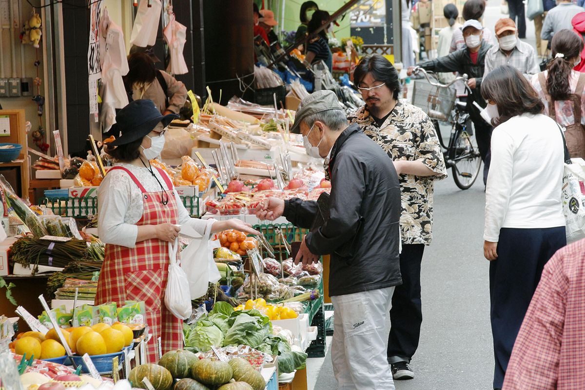 Japan lifts coronavirus emergency in most regions People visit a food market in Sendai in Miyagi Prefecture on the morning of May 15, 2020, a night after the central government lifted a coronavirus pandemic state of emergency in 39 of Japan's 47 prefectures including Miyagi. (Photo by Kyodo News via Getty Images)