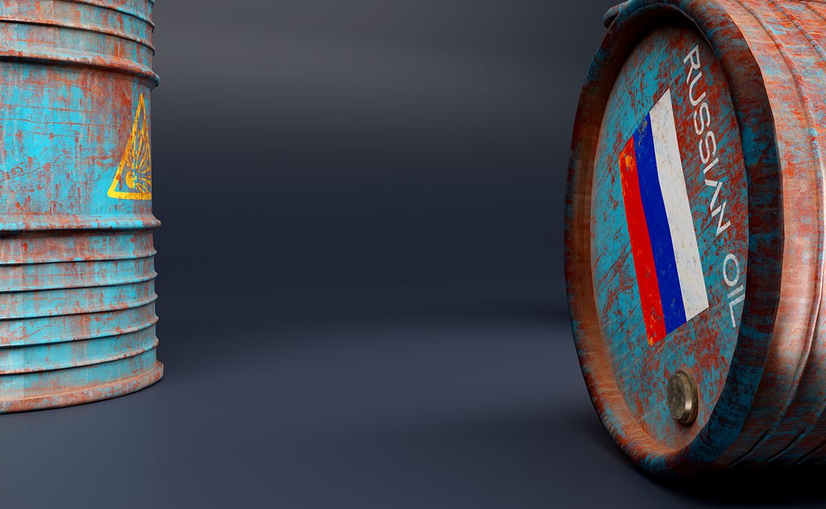 Russian,Oil,,Oil,Barrel,Background,,Russia,Flag,On,Barrel,,Sanctions Russian oil, oil barrel background, Russia flag on barrel, sanctions on Russian oil. 3D work and 3D illustration