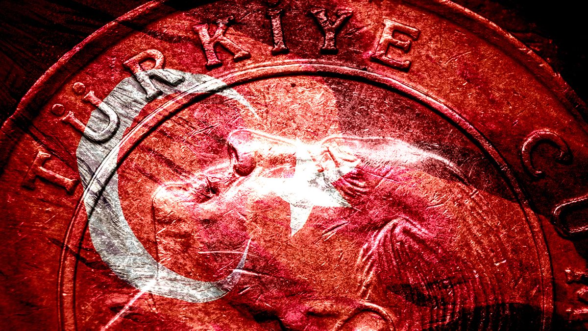 Flag of Turkey Superimposed with 1 Turkish Lira Coin with the Portrait of Kemal Atatürk