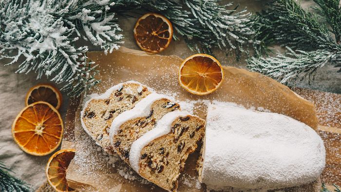 Christmas stollen with winter holidays decoration Traditional Christmas pastry dessert - Stollen