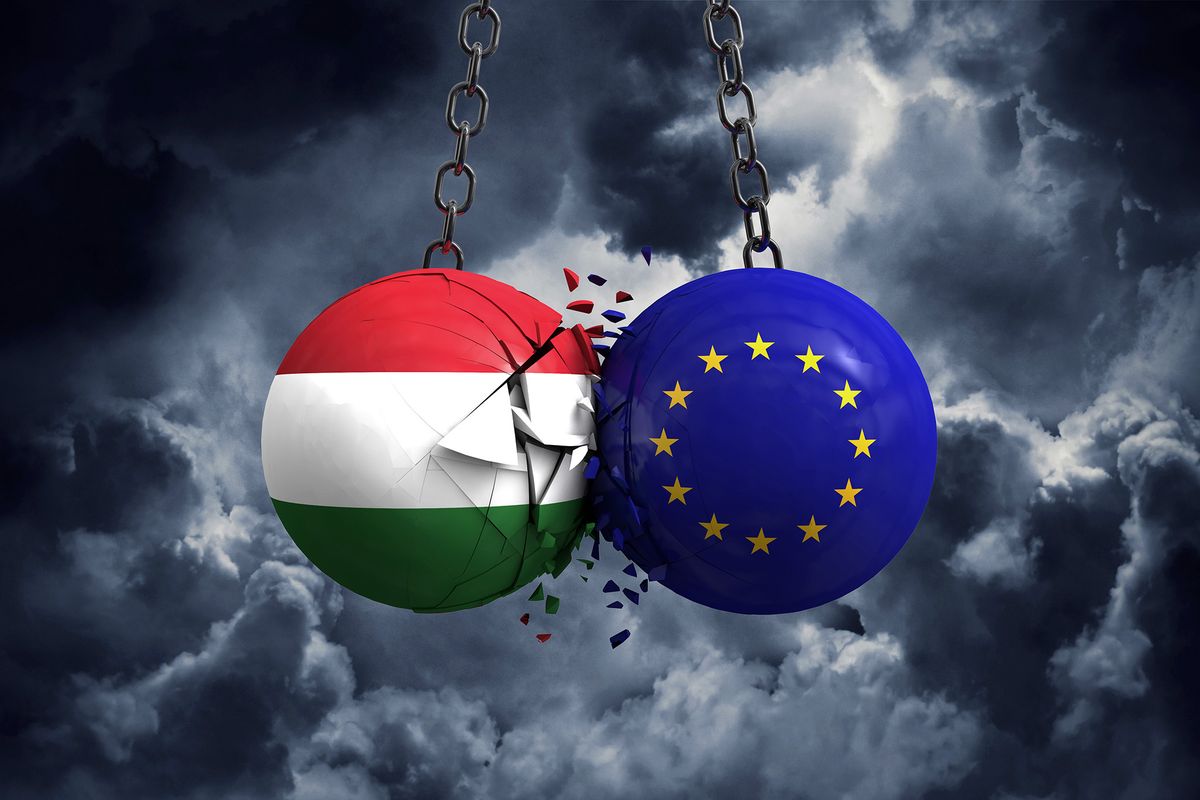 Hungary,Flag,And,European,Union,Political,Balls,Smash,Into,Each