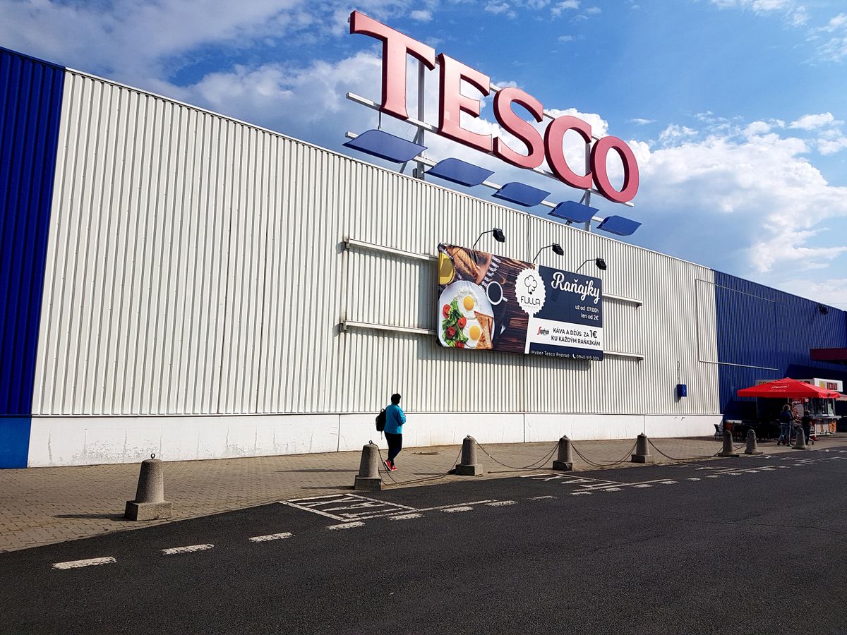POPRAD, SLOVAKIA - july 16, 2019: TESCO company logo on the supermarket building. Tesco PLC is a big British multinational grocery and general merchandise. Over 3400 stores in the world.