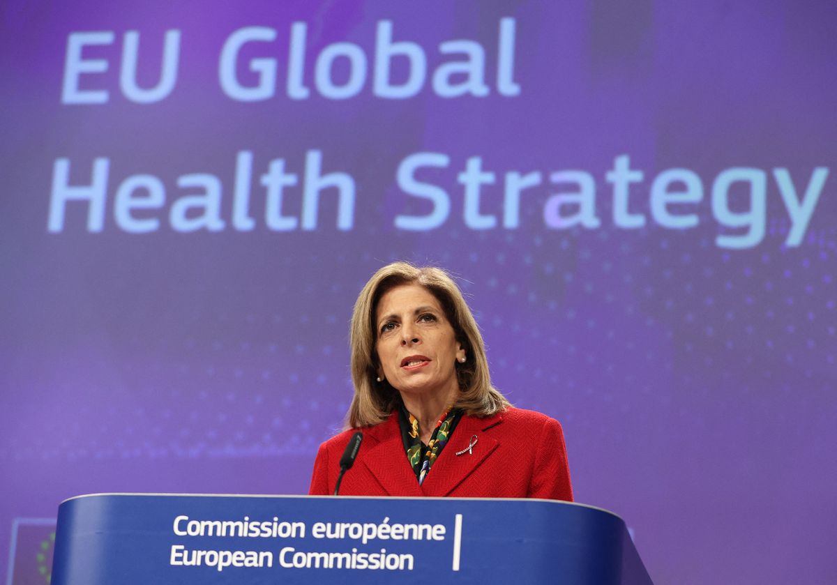 BRUSSELS, BELGIUM - NOVEMBER 30: European Health Commissioner Stella Kyriakides speaks during a press conference on the EU Global Health Strategy following EU commission weekly college meeting, in Brussels, Belgium, on November 30, 2022. Dursun Aydemir / Anadolu Agency (Photo by  / ANADOLU AGENCY / Anadolu Agency via AFP)