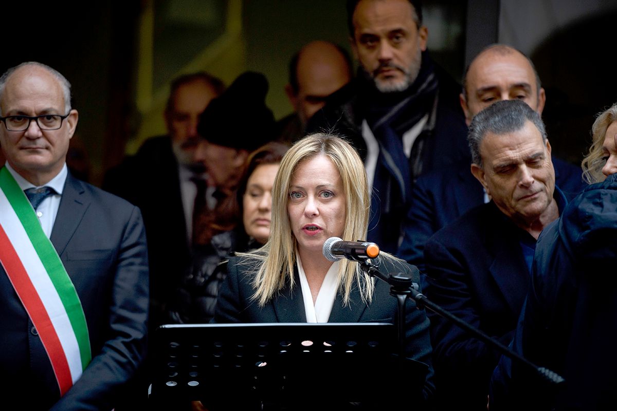 Italian Daily Politics 2022 ROME, ITALY - DECEMBER 13: Italian Prime Minister Giorgia Meloni attends the inauguration of the commemorative plaque of Jewish journalists persecuted following the racial laws, at the national headquarters of the ODG, on December 13, 2022 in Rome, Italy. (Photo by Antonio Masiello/Getty Images)